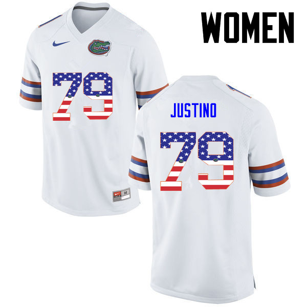 Women Florida Gators #79 Daniel Justino College Football USA Flag Fashion Jerseys-White - Click Image to Close